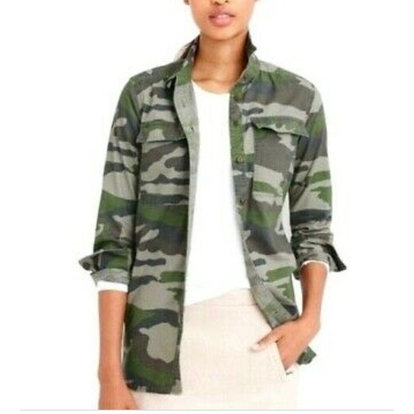 J. Crew Womens Shirt Camouflage Green Long Sleeve Button Down Cotton Size 4 - Picture 1 of 14
